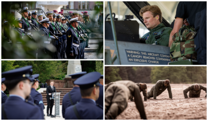 Fotocollage. Hierop onder meer Defensieminister staand achter een spreekgestoelte tijdens een herdenking op 4 mei en het orkest van de marine opgesteld tijdens de nationale herdenking op 4 mei. Een derde foto toont de Defensieminister zittend in de cockpit van een jachtvliegtuig. Ook zien we een groep militairen in een groene overall. Ze drukken zich op in het zand.