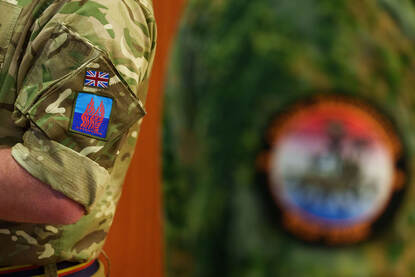 Viermaal een mouw van een militair uniform met daarop de vlaggen en logo’s van respectievelijk Nederland, de Verenigde Staten, het Verenigd Koninkrijk en Polen.