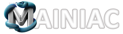 Logo met witte hoofdletters die het woord MAINIAC vormen. Om de M draait een slang, als een esculaap.