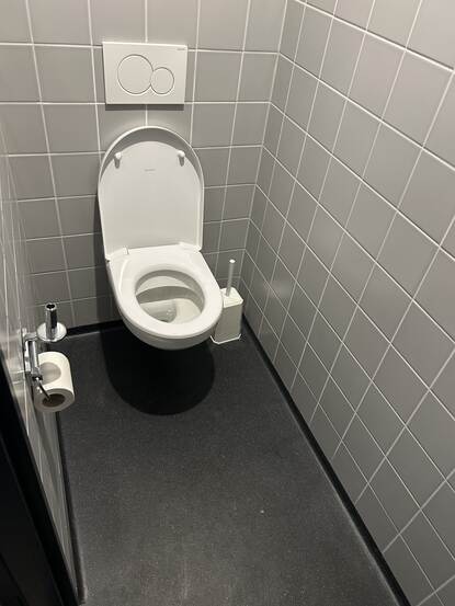 Een WC met grijze tegels op de muur.