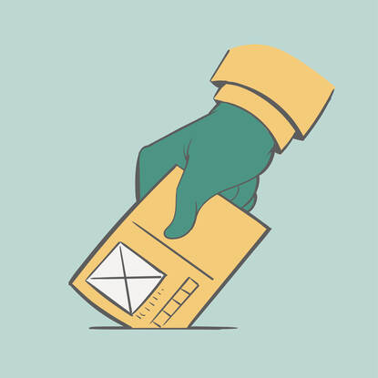 Een tekening van een hand die een brief in een brievenbus doet.