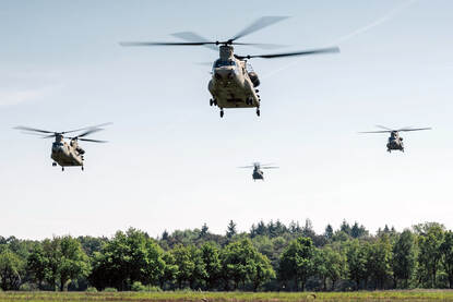 Vier laagvliegende Chinooks boven boomtoppen en gras.