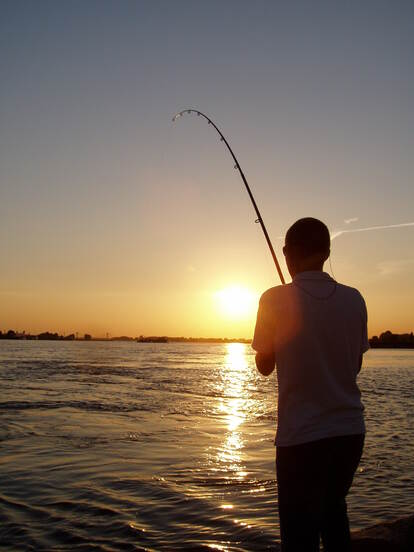 Visser bij ondergaande zon.