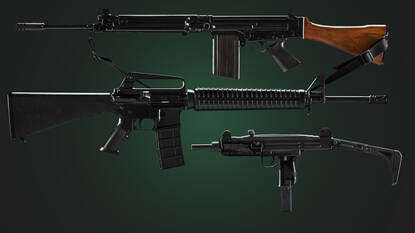 Zijaanzicht van een FAL, Diemaco C7 en Uzi op groene achtergrond.